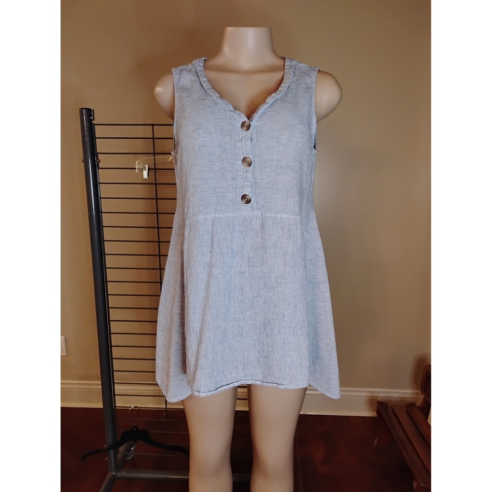 Beachlunchlounge Pinstripe Linen Blend Sleeveless Henley Tunic Top Blue White L